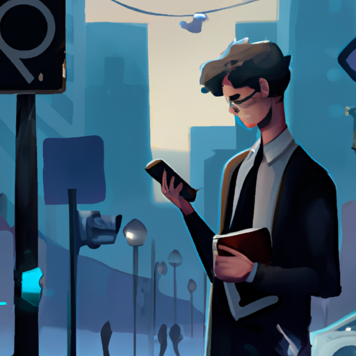 תמונה של גבר מסתכל דרך מפה דיגיטלית בטלפון החכם שלו כשהוא עומד ברחוב סואן בעיר.