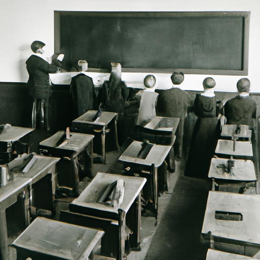 תצלום וינטג' של כיתה מתחילת המאה ה-19, המראה תלמידים באמצעות לוחות גיר