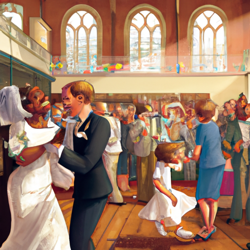 חתן וכלה רוקדים בחתונה הדתית שלהם, כשברקע האורחים מוחאים כפיים ומחייכים